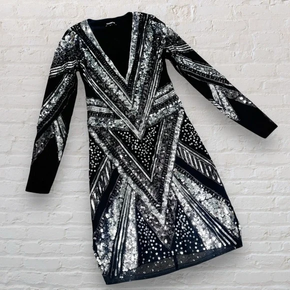 Express | Dresses | Express Sequin Silver Black Long Mesh Sleeve Mini Dress  Holiday New Year | Poshmark